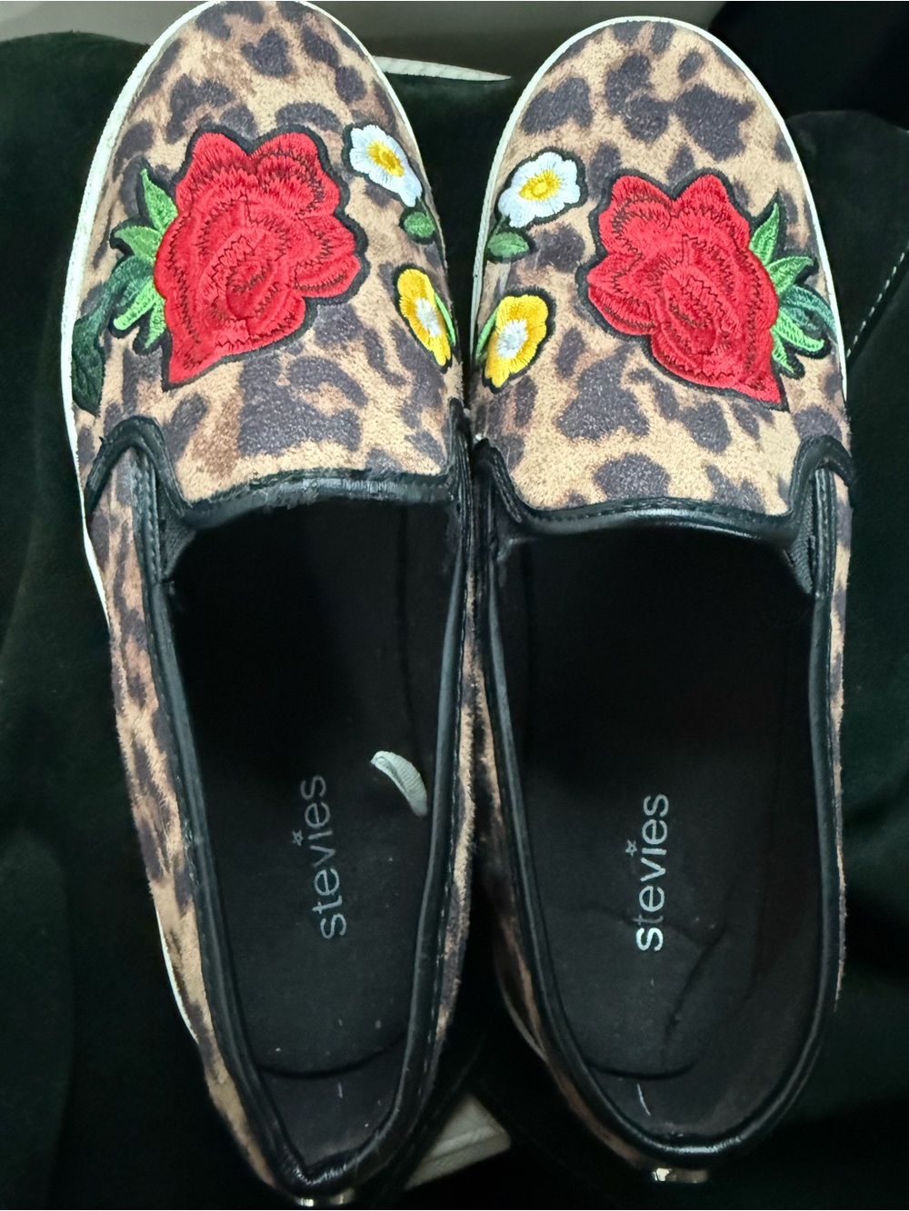 Stevies Leopard Slip-On Sneakers with Red Rose Embroidery size 5